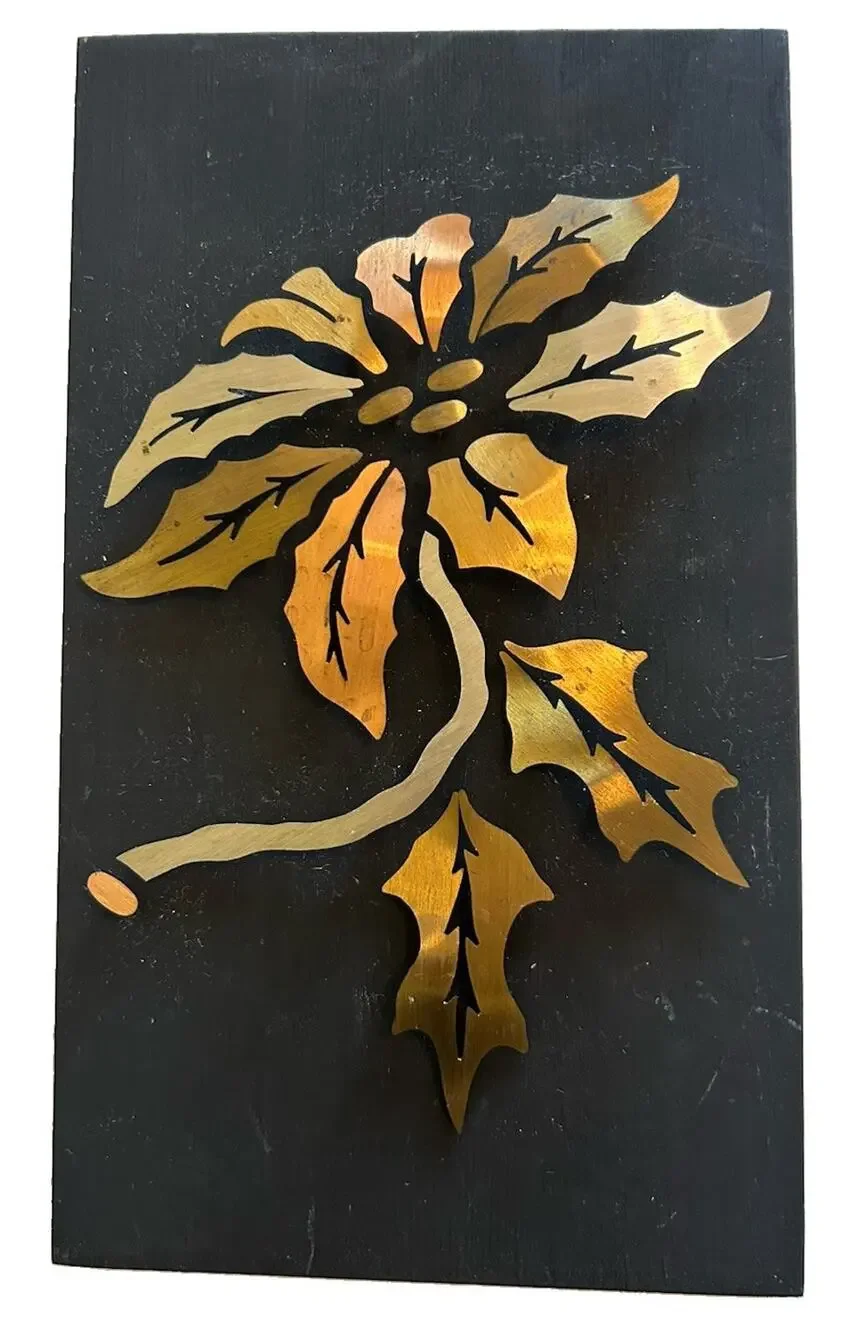 Vtg Floral Copper Brass Pewter Inlay On Wood Small Art Wall Hanging 5.5x9” MCM